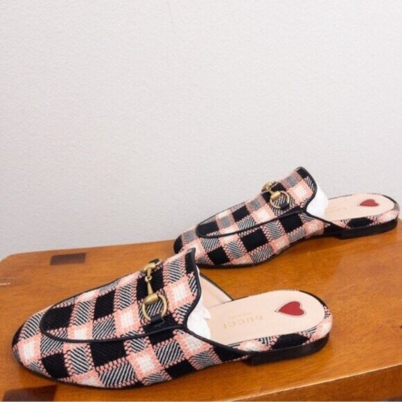 NIB Gucci Princetown Bit Logo Loafer 36 Fancy Tweed Damier Black Pink Mule Slide - Picture 5 of 14